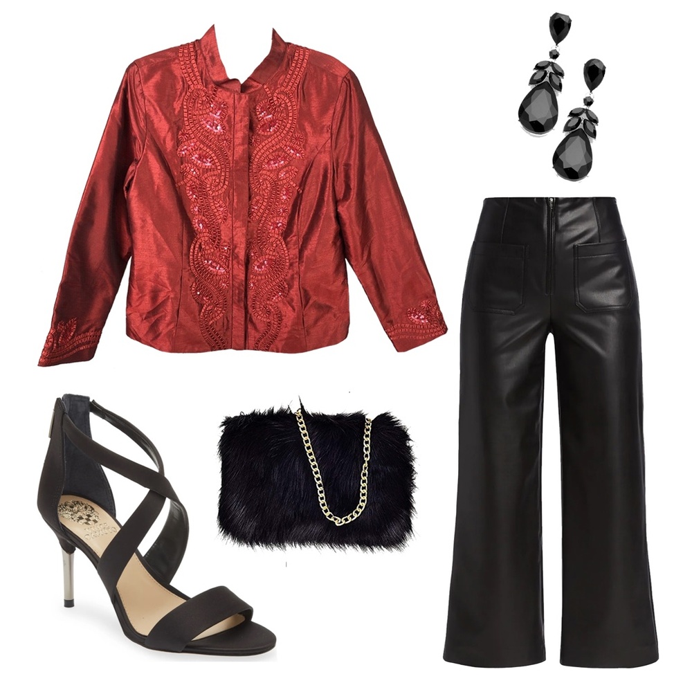 CHICO'S Red Sheen Jacket Mandarin Collar Sequin and Ribbon Embellished